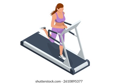 Isometric vector illustration of an athletic woman running on a treadmill. Cardio workout, fitness exercise, active lifestyle, gym training concept. Athletic lifestyle, sports equipment.