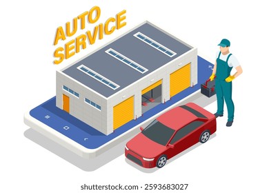 Isometric vector illustration of an auto service building displayed on a large smartphone, with a mechanic and red car, emphasizing a digital, modern 3D repair platform.