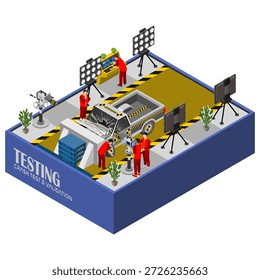 Ilustración vectorial isométrica del proceso de prueba automotriz que muestra a los ingenieros inspeccionando y validando el rendimiento, la seguridad y la calidad del vehículo antes de la producción en masa.