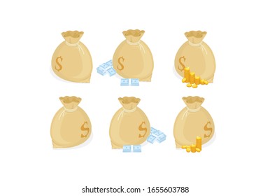 Isometric vector illustration. Bag sack for storing paper money and golden coins. Closed bag filled with money. 3d icon for web design infographics, sites and games.