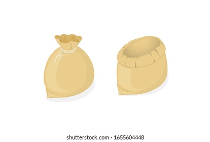 Isometric vector illustration. Bag sack for storage. Open and closed bag. 3d icon for web design infographics, sites and games.