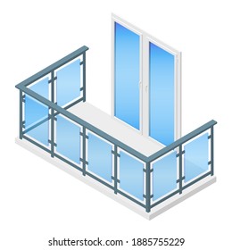 Isometric vector illustration balcony with metal and glass railing isolated on white background. Modern balcony vector icon in flat cartoon style. Metal plastic PVC laminated wood grain balcony doors. svg