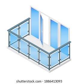 Isometric vector illustration balcony with metal and glass railing isolated on white background. Modern balcony vector icon in flat cartoon style. Metal plastic PVC laminated wood grain balcony doors.