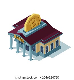 Isometric vector illustration. Bank building. Gold coin. Money box