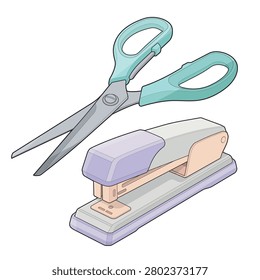 Isometric vector illustration of a basic office desk kit featuring a stapler and scissors. Ideal for office supplies, stationery collections, workplace organization, document handling, school materials, business administration, and productivity themed designs.