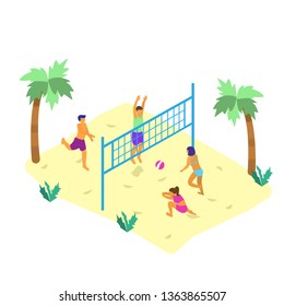 Isometric vector illustration of beach scene with tiny people in swim suits playing beach volley. Summer oudoors activity.