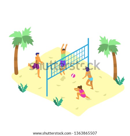 Isometric vector illustration of beach scene with tiny people in swim suits playing beach volley. Summer oudoors activity.