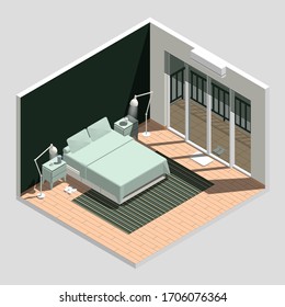 Isometric vector illustration of a bedroom in green and brown color