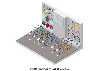 An isometric, vector illustration of a bicycle shop with a variety of bicycles, spare parts, and cycling accessories on display for customers.