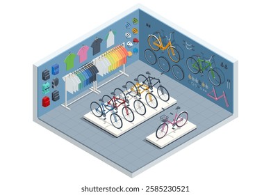 An isometric, vector illustration of a bicycle shop interior featuring a variety of bikes, accessories, clothing, and helmets for cycling enthusiasts.