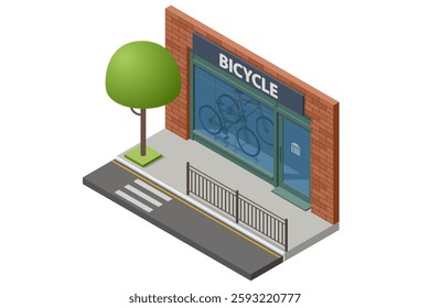 An isometric vector illustration of a bicycle shop facade with glass windows, a nearby tree, and a sidewalk, presenting a neat 3D urban storefront scene.