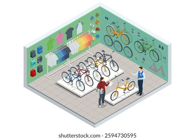 An isometric, vector illustration of a bicycle shop interior featuring a variety of bikes, accessories, clothing, and helmets for cycling enthusiasts.