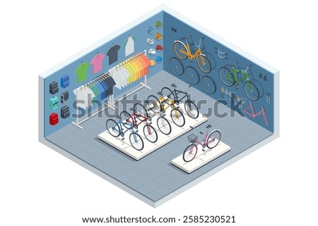 An isometric, vector illustration of a bicycle shop interior featuring a variety of bikes, accessories, clothing, and helmets for cycling enthusiasts.