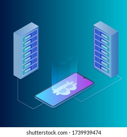 Isometric vector illustration of bitcoin production.Cryptocurrency and the technology of production.Digital monetization and investment in cryptocurrencies.