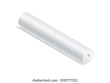 Isometric vector illustration blank paper roll mock up isolated on white background. Realistic paper roll or fabric roll icon in flat cartoon style. White textile or paper roll mockup template.