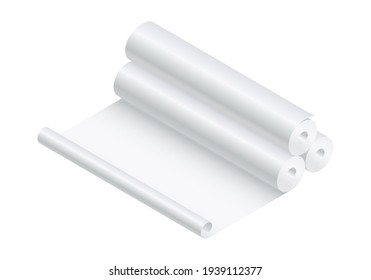 Isometric vector illustration blank paper rolls mock up isolated on white background. Realistic paper rolls or fabric rolls icon in flat cartoon style. White textile or paper rolls mockup template.