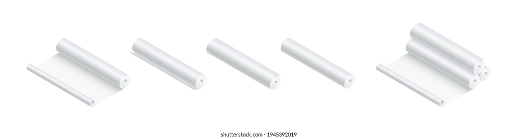 Isometric vector illustration blank paper rolls mock up isolated on white background. Realistic paper rolls or fabric rolls icons in flat cartoon style. White textile or paper rolls mockup template.