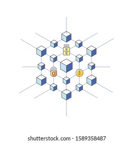 Isometric vector illustration of blockchain technology system. Security. Information. Archive.