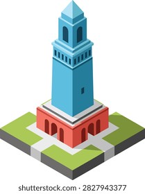 Isometric Vector Illustration of a Blue Modern Tower Monument Building