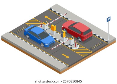 Isometric vector illustration of blue and red cars at a parking barrier system. Features directional arrows, ticket dispensers, and clear entry exit paths.