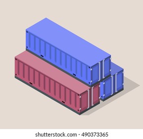 Isometric vector illustration with blue and red containers standing on each other.