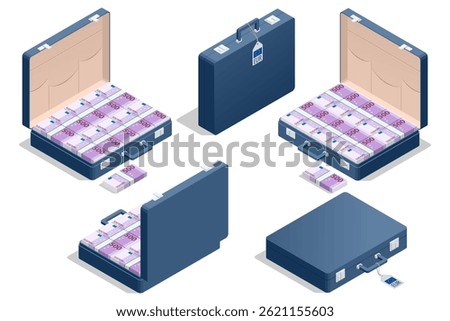 Isometric vector illustration of a blue suitcase packed with 500 euro banknotes. Symbol of tax evasion, bribery, and cross-border money transfers.