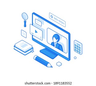 Isometric vector illustration of blue and white monitor of computer depicted near various symbols of studies during educational video broadcast