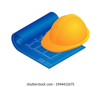 Isometric vector illustration blueprint floor plan the house and yellow worker hat isolated on white background. Realistic apartment floor plan blueprint and safety helmet icon in flat cartoon style.