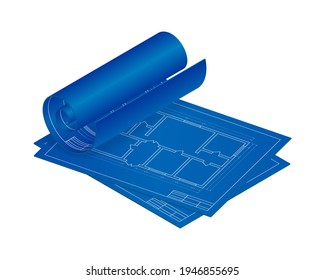 Isometrische Vektorgrafik-Blueprint-Bodenplan das Haus einzeln auf weißem Hintergrund. Realistische Wohnungsböden planen Blueprint-Symbol im flachen Cartoon-Stil. Vektor unmöblierter Grundriss.
