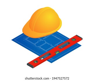 Isometric vector illustration blueprint floor plan the house, bubble level tool and worker hat isolated on white background. Realistic apartment floor plan blueprint, safety helmet, spirit level icon.