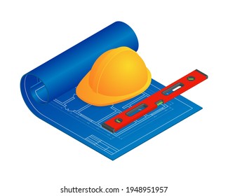Isometric vector illustration blueprint floor plan the house, bubble level tool and worker hat isolated on white background. Realistic apartment floor plan blueprint, safety helmet, spirit level icon.