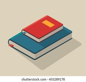 Isometric vector illustration of books.Little red book is on big blue book.