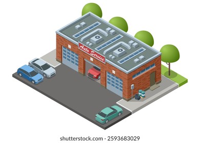 Isometric vector illustration of a brick auto service building with multiple garage doors, cars parked outside, and a red car inside, surrounded by trees, indicating a modern repair facility