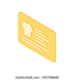 Isometric vectorial ilustración de la página amarillo brillante de la tienda de ropa en línea con el icono y la descripción de la camiseta en el sitio web moderno