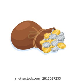 Isometric vector illustration of a brown leather drawstring pouch overflowing with shiny gold and silver coins isolated on a white background.