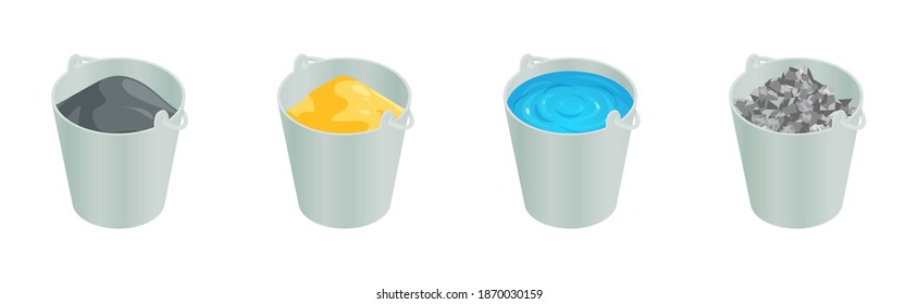 Isometric vector illustration bucket of sand, bucket of gravel, bucket of cement, bucket of water isolated on white background. Construction and building materials vector icons in flat cartoon style.