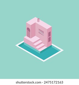 isometric vector illustration of building with swimming pool, stairs, windows