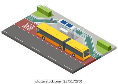 Isometric vector illustration of a bus stop with a yellow articulated bus parked. The station features a modern design with a solar panel roof and bicycle lanes nearby.