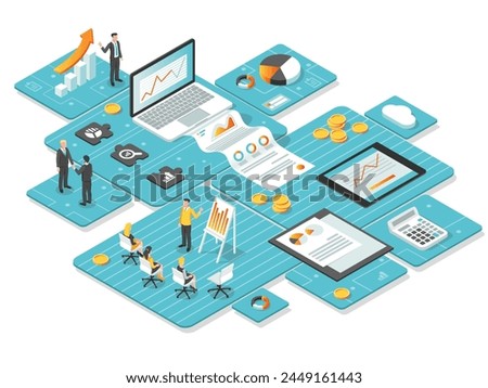 Isometric vector illustration of a business analytics dashboard with people, charts, and financial symbols on a light blue background. Vector illustration