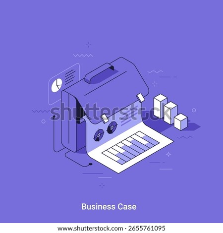 Isometric vector illustration of a business case or brief case with documents and data elements, graphs for finance presentation. Scene for web design