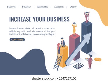 Isometric vector illustration. Business concept of goals, success, achievement and challenge. Teamwork in business. Flat style.
