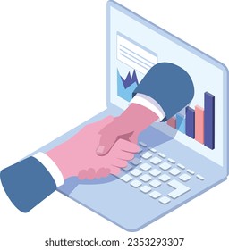 isometric vector illustration of business people handshake at online