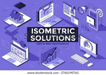 Isometric vector illustration of business and web development elements. Set of SEO, marketing, and digital optimization icons in thin line office style. Modern tech concept for web design.
