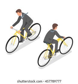 Isometric vector illustration of a businessman riding a bicycle.