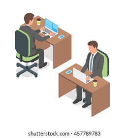 Isometric vector illustration of businessman working at a computer.