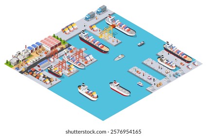 Isometric vector illustration of a bustling commercial port, showing cargo ships docking, loading, and unloading with cranes, trucks, and dockworkers
