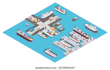 Isometric vector illustration of a bustling commercial port, showing cargo ships docking, loading, and unloading with cranes, trucks, and dockworkers
