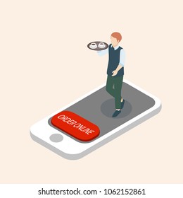 Isometric vector illustration, buy order online via smartphone shopping concept