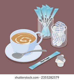 Isometric vector illustration of cafe au lait with sugar and milk