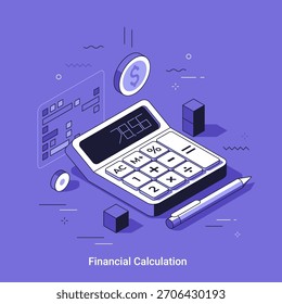 Ilustración vectorial isométrica con calculadora para el cálculo financiero. Contabilidad empresarial y planificación presupuestaria. Concepto de análisis de datos digitales. Gestión financiera.